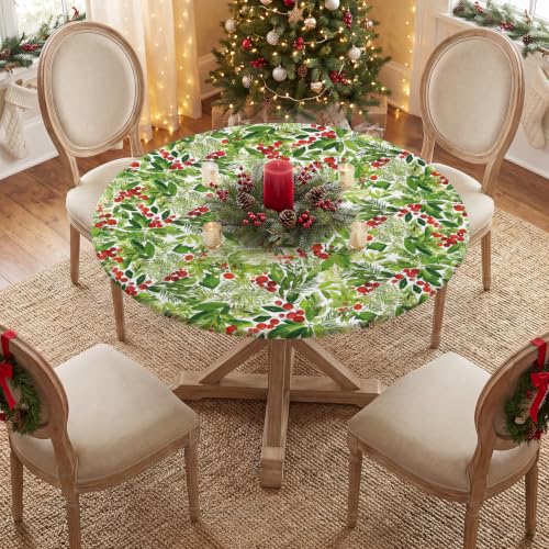 Fitted Christmas Tablecloth 45-56 Inch Round, Holly Fruits Green, 60 Inch