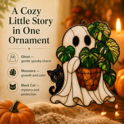 Halloween Ghost Monstera Ornament - Cat Variation, Flat Acrylic Decor, 3.94 Inch