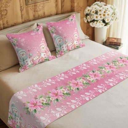 94x20 Inch Pink Bed Runner with Pillow Covers Set for King Bed Xmas Decor
