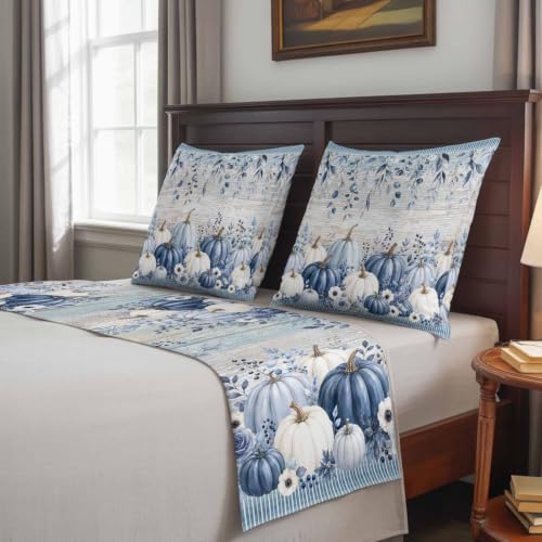 83 x 20 Inch Fall Bed Runner & Pillow Cover Set - Navy Blue Pumpkin Decor