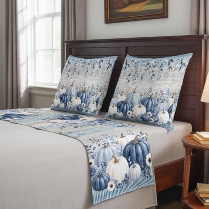 83 x 20 Inch Fall Bed Runner & Pillow Cover Set - Navy Blue Pumpkin Decor