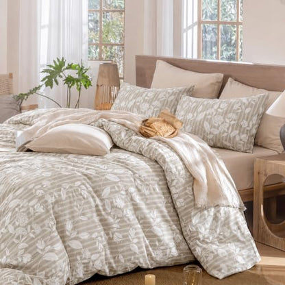 Queen Size Floral Comforter Set 3 Pieces Cotton Bedding - Beige Leaf Stripe