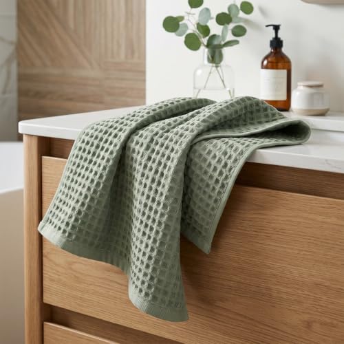 Sage Green Waffle Hand Towels - Cotton, Quick Dry & Low Lint, 2 Pack