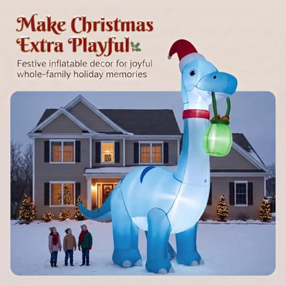 12FT Blue Dinosaur Christmas Inflatable Decoration with Hat & Gift Sack - Kendane