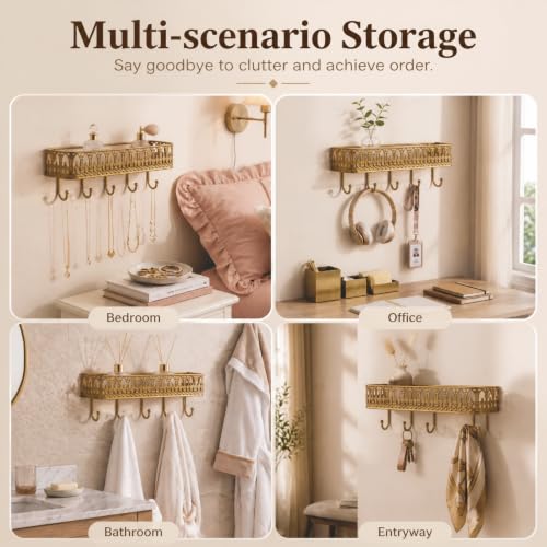 Vintage Gold Wall Mount Key Holder Shelf with 5 Hooks and Mail Rack