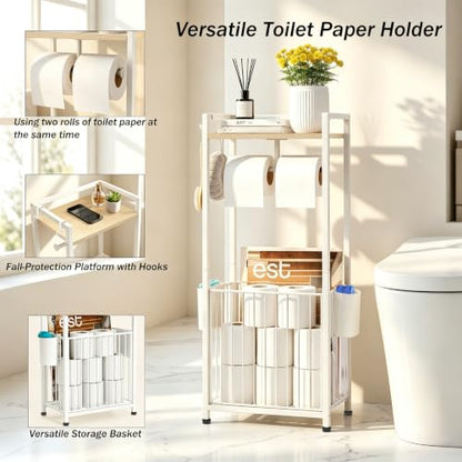 Freestanding Toilet Paper Holder Stand with Hooks & Storage - White
