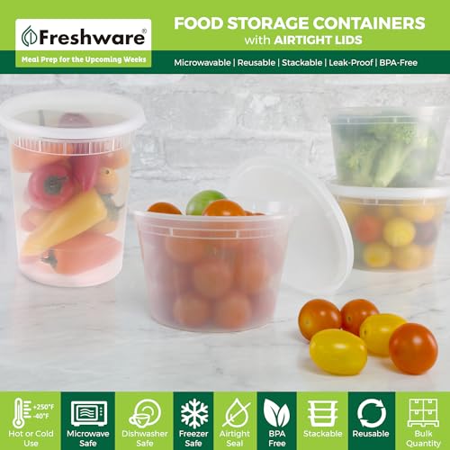 Freshware 48 Pack of 16 and 32 oz, 24 sets each size Food Storage Containers with Lids, Plastic Deli Containers, Meal Prep Containers, Microwave and Freezer Safe, Stackable, Leakproof, BPA Free, Clear