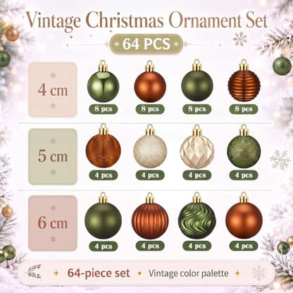 Lunmon 64 Pcs Earthy Christmas Ornaments Set - Olive Green, Bronze & Farmhouse Style