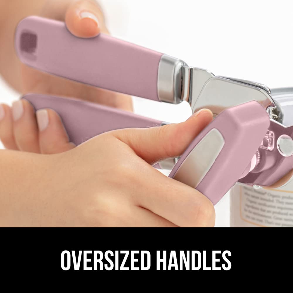 The Original Gorilla Grip Heavy Duty Stainless Steel Smooth Edge Manual Hand Held Can Opener With Soft Touch Handle, Rust Proof Oversized Handheld Easy Turn Knob, Large Lid Openers, Pink