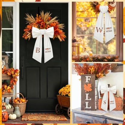 Fall Wreath Sash for Front Door Monogrammed Pumpkin Ribbon Embroidery - B Variation