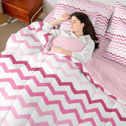 Pink Gradient Chevron Kids Comforter Set King Size 7 Pieces - Hot Pink White