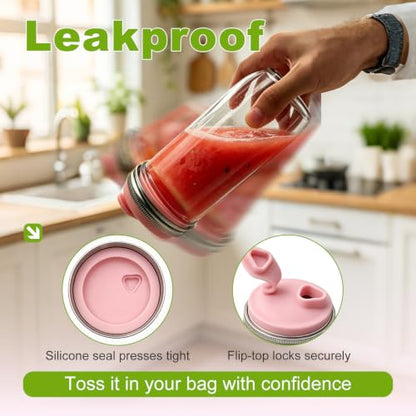 Wide Mouth Mason Jar Pour Spout Lids with Silicone Straws - 2 Pack