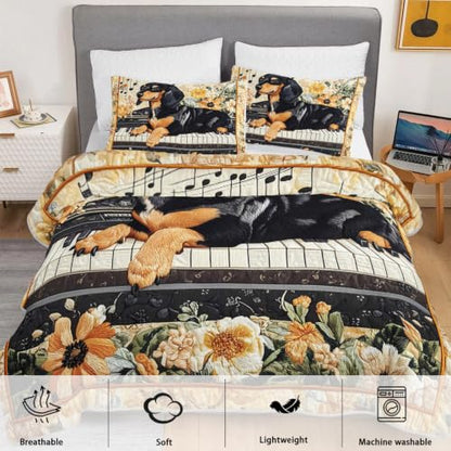 King Size Black Dachshund Dog Quilt Bed Set 3Pcs Pet Puppy Flower Bedding