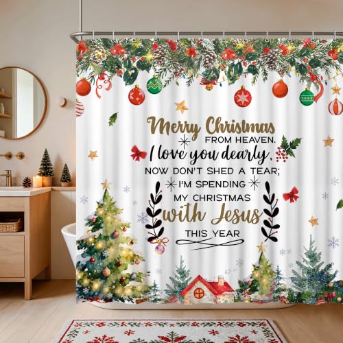 Christmas Shower Curtain with Xmas Tree & Holiday Quotes - Rustic Farmhouse Style, 72x72 Inches - Variation of THIS listing