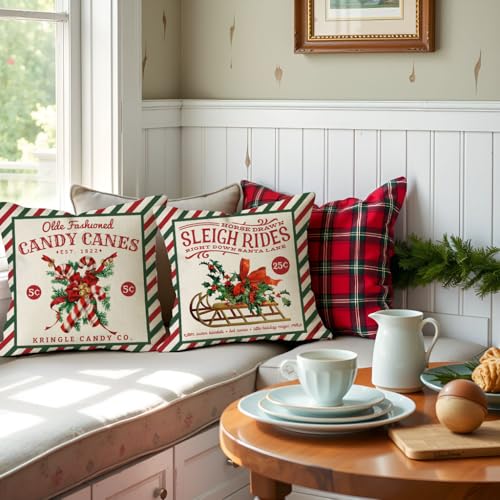 Christmas Pillow Covers 18x18 Set of 4 - Green Red Stripe, Farmhouse Decor