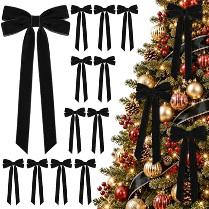 Milimot Black Velvet Christmas Bow Set - 12 Pcs, 5 x 10 Inches, 1 Inch Ribbon, Double Layer Tails, Elegant Holiday Decor