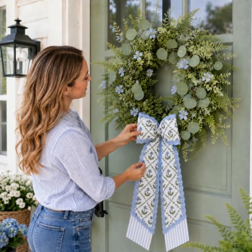 Layered Wreath Sash Set for Front Door Floral Stripe Decor - Summer Home Accent