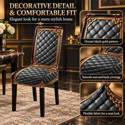4pcs Washable Baroque Print Chair Cover Set for Dining Chairs - Black Gold