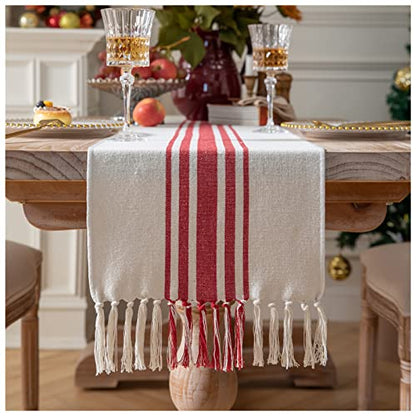 Christmas Table Runner 13x90 Inch with Tassels - Red Beige Stripe Boho Holiday Decor