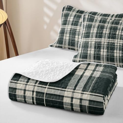 Gray White Tartan Plaid Quilt Set Twin Size Bedspread with Pillow Sham
