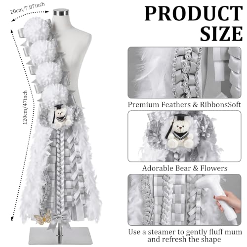 50-Inch Homecoming Mum Sash Flowers with Teddy Bear Bow Silver White
