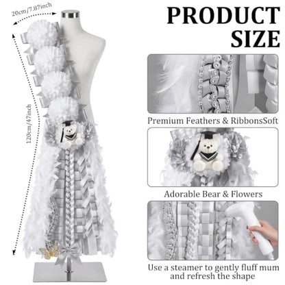 50-Inch Homecoming Mum Sash Flowers with Teddy Bear Bow Silver White