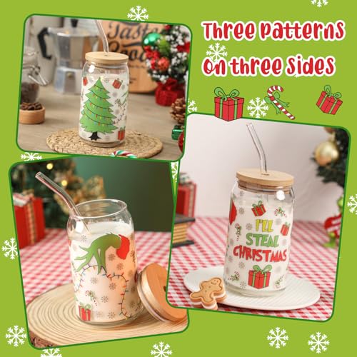 Christmas 16oz Glass Can Mug with Lid & Straw - Holiday Coffee Cup