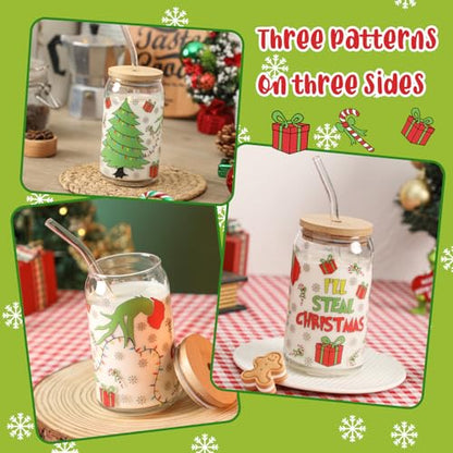 Christmas 16oz Glass Can Mug with Lid & Straw - Holiday Coffee Cup