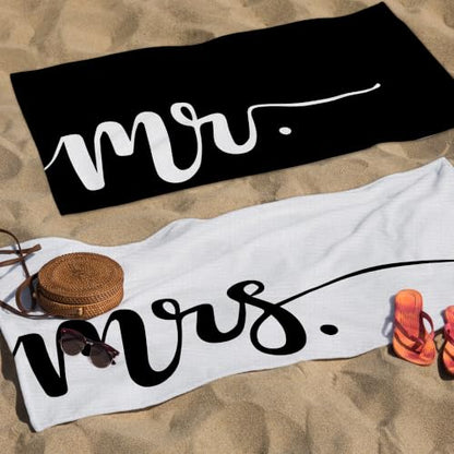 Mr and Mrs Beach Towel Set of 2 - Black White Lightweight 30x60 in for Couple