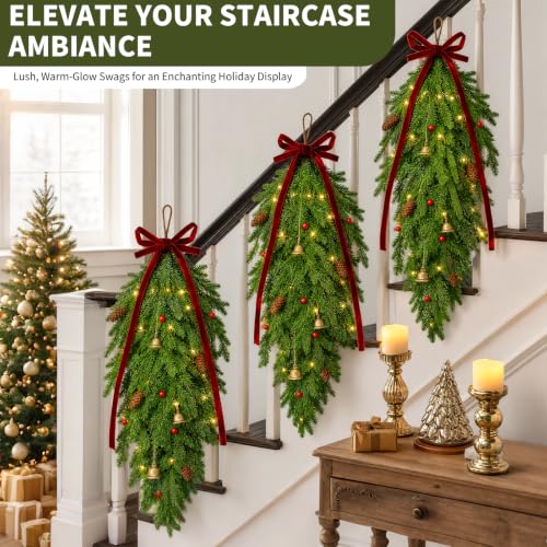 Lighted Christmas Teardrop Swag Set with Norfolk Pine Look - 2-Pack