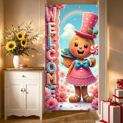 Pink Gingerbread Christmas Door Cover Decorations Welcome Banner Front Door Sign Holiday Outdoor Indoor