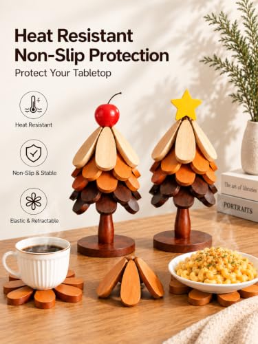 Colorful Christmas Tree Coasters Set of 5 with Stand Wooden Trivets for Hot Dishes