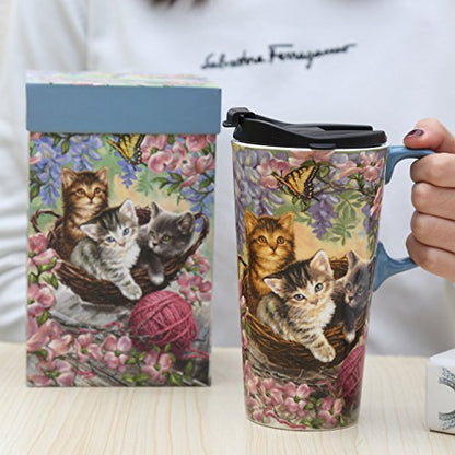 17oz Ceramic Travel Coffee Mug with Lid - Flower and Cat Design
