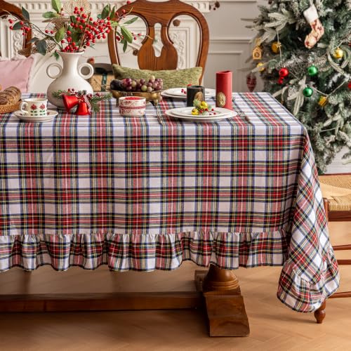 Joyfol Day Christmas Plaid Ruffled Square Tablecloth 60x60 Inch - Red White
