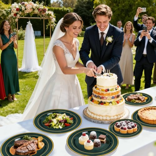 Green Plastic Party Plates Set for 50 Guests - Gold & Rolled Napkins, Disposable Dinnerware