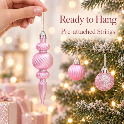 Pink Mini Christmas Ornaments Set with Star Tree Topper - 32PCS, Shatterproof