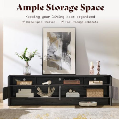 Amerlife 70-Inch Modern Curved TV Stand with Storage - Black, Flat Panel