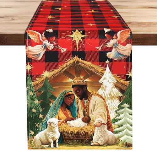 African American Religious Christmas Table Runner Buffalo Plaid Black Jesus Nativity Scene Table Runner for Home Decoration Xmas Winter Holiday Kitchen Decor (13" x 72")
