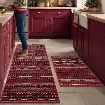 Kitchen Rugs Set of 2 Non Slip Red Floor Mats - 20x47 and 20x32 Inches