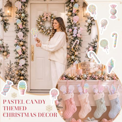 Pastel Christmas Candy Tree Decorations Set - Pink, Blue, Green, Yellow, Purple