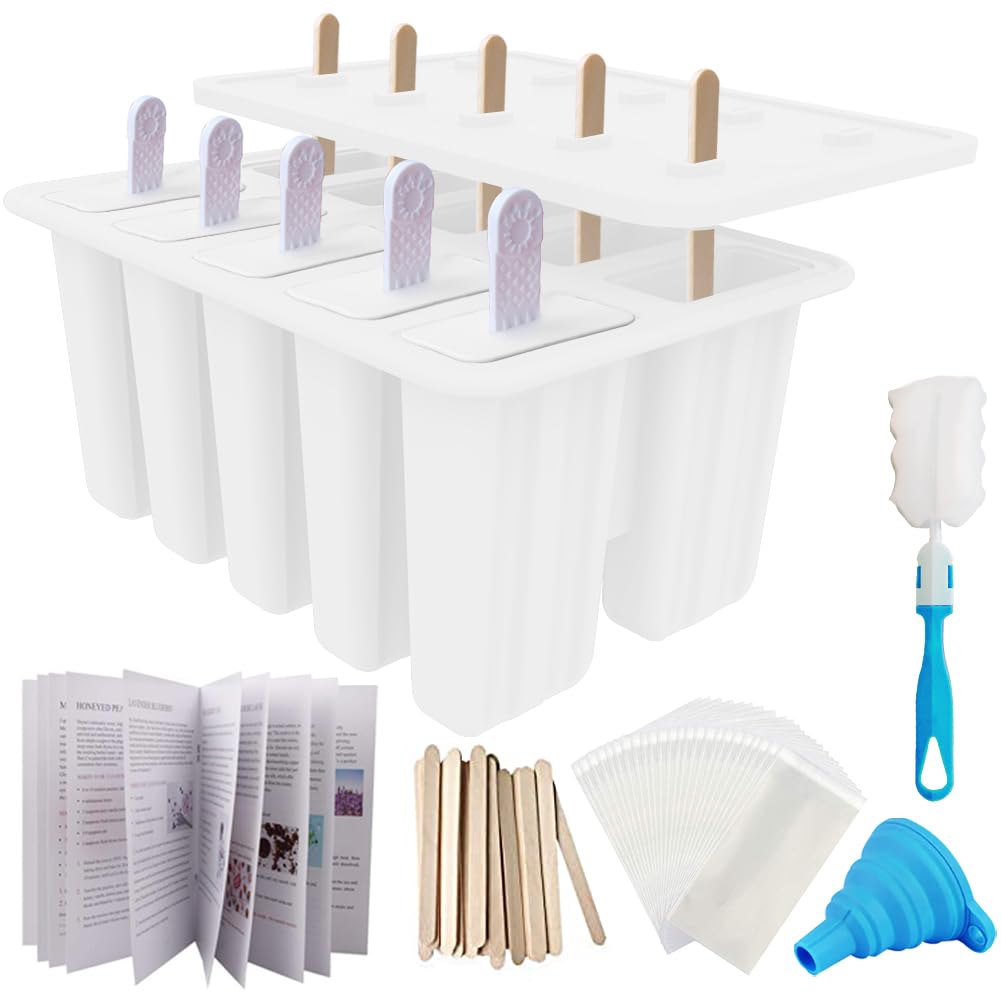 Homemade Popsicle Molds Shapes, Silicone Frozen Ice Popsicle Maker Non-BPA, with 50 Popsicle Sticks, 50 Popsicle Bags, 10 Reusable Popsicle Sticks, Funnel, Brush and Ice Pop Recipes(White)