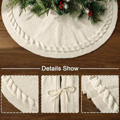 Small Cable Knit Christmas Tree Skirt - Neutral Cozy Holiday Decor