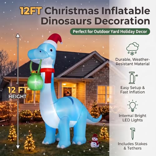 12FT Blue Dinosaur Christmas Inflatable Decoration with Hat & Gift Sack - Kendane