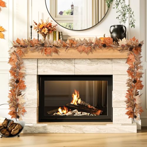 6 Ft Fall Garland with Lights & Timer - Thanksgiving Fireplace Mantel Decor - Variation of 1