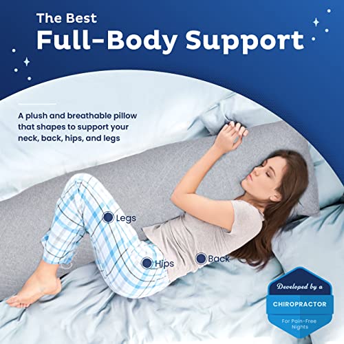 Snuggle-Pedic Long Body Pillow for Adults - Big 20x54 Pregnancy Pillows w/Shredded Memory Foam & Cooling Pillow Cover - Cuddle Firm Maternity Side Sleeper Pillow Insert to Hug for Bed - Grayy