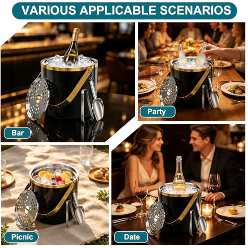 Black and Gold 3.2L Double Wall Ice Bucket with Lid, Scoop & Tongs