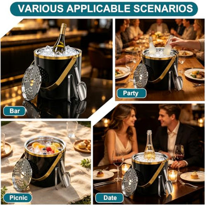 Black and Gold 3.2L Double Wall Ice Bucket with Lid, Scoop & Tongs