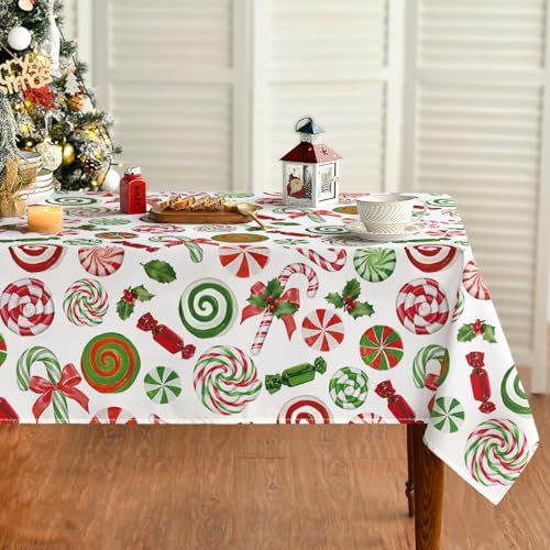Horaldaily Christmas Tablecloth 60 x 84 Inch Rectangular Candy Cane White
