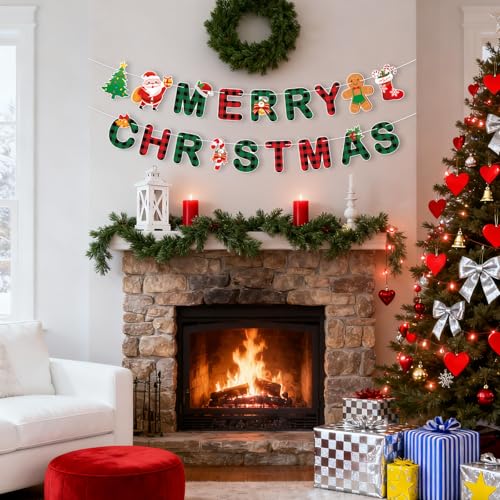 Christmas Banner with Santa Gingerbread & Tree Patterns - Red Green Buffalo Plaid Holiday Decor