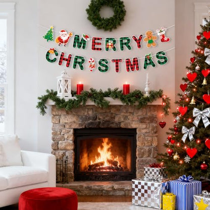 Christmas Banner with Santa Gingerbread & Tree Patterns - Red Green Buffalo Plaid Holiday Decor
